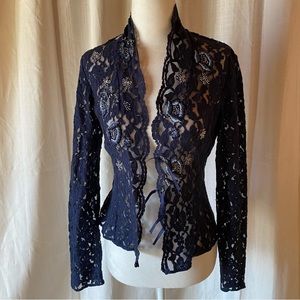 Gorgeous Armand Ventilo Navy Lace Top with Buttons Embroidery Beading • Size S